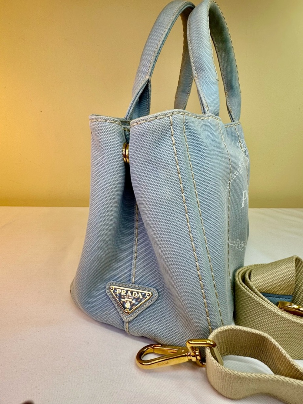 Prada Canapa Logo Canvas satchel Light blue Original Adj. Strap COA - Picture 5 of 17